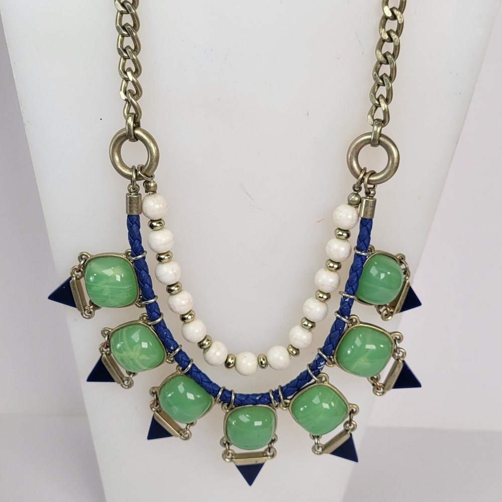 Green Cabochon Blue Braided Bib Statement Necklace Antique Brass Tone Unsigned